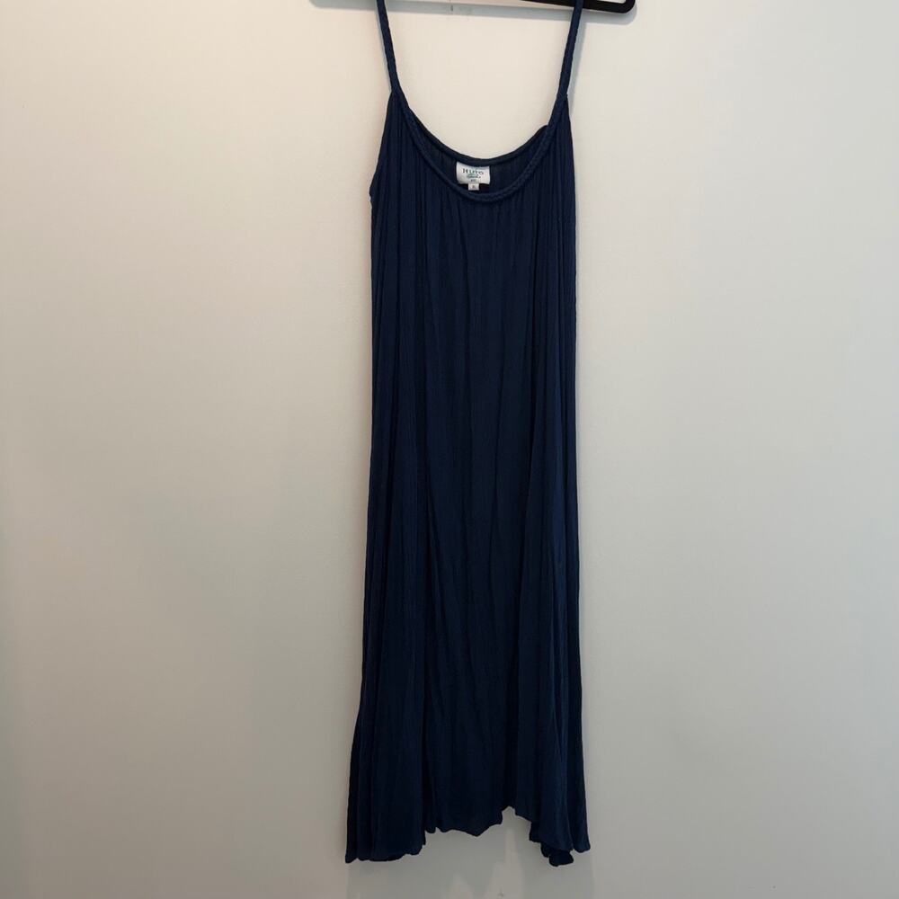 HIHO Tortola Women's XL Blue Crinkle Midi Dress Braided Straps Pockets Beach
